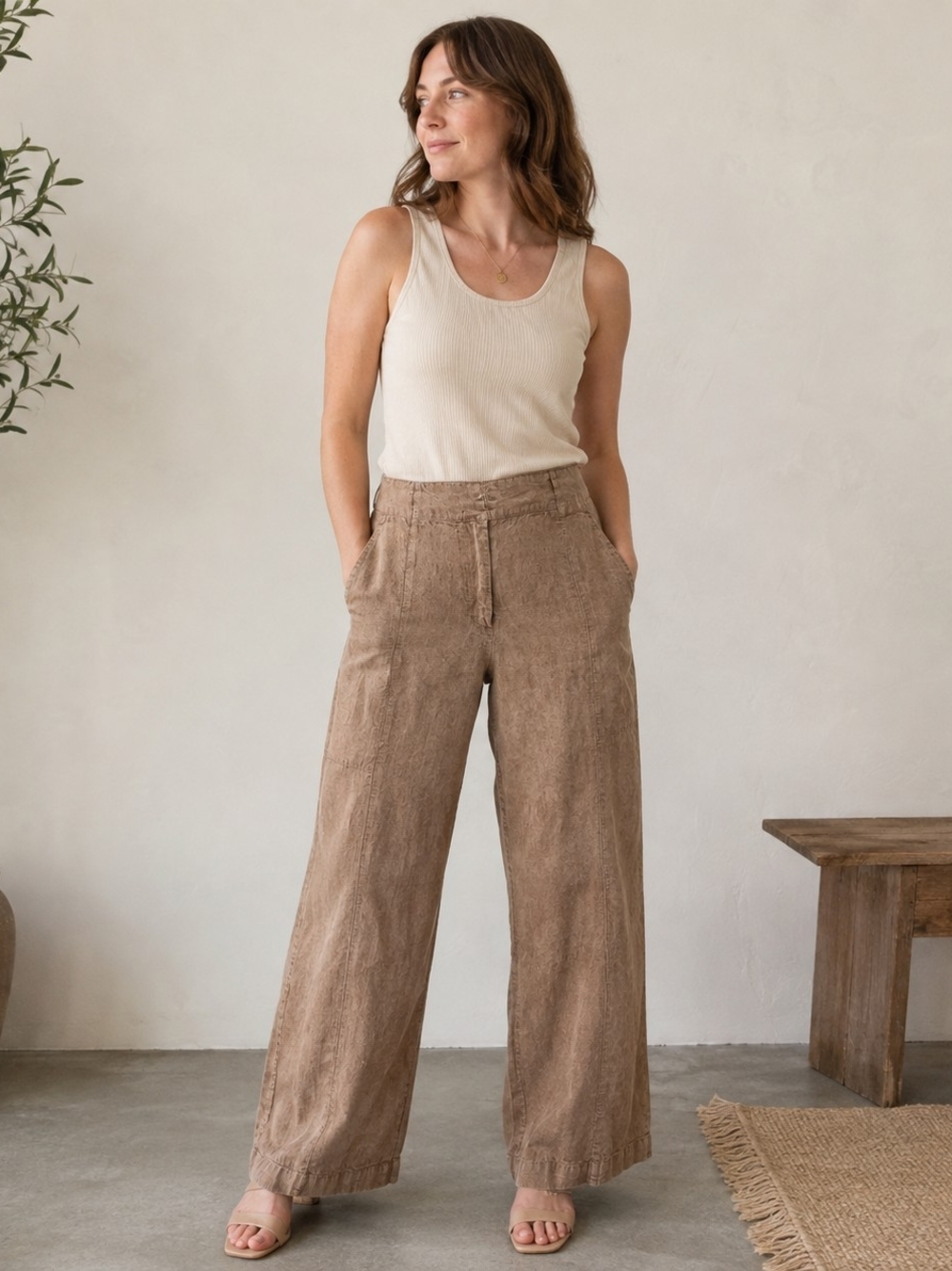Poetry Wide-Leg Linen-Blend Pants in Taupe Brown